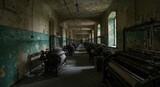 Abandoned textile mill hallway.  Dim light, peeling paint, old machinery