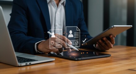 Poster - Business professional using stylus on tablet with digital icons. Modern tech workspace with document and approval symbols. Office worker interacting with digital tools.