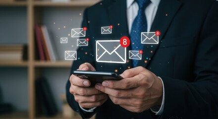 Poster - Business professional checking emails on smartphone with envelope icons. Modern office communication with unread message notification. Corporate worker managing digital correspondence.