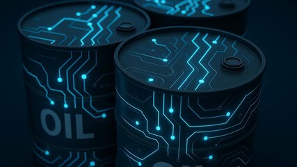 Poster - Oil logistics network. Oil barrels glowing blue circuit board pattern symbolize advanced technology energy fusion dark background futuristic design