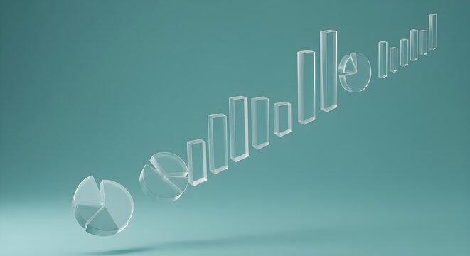 3D rendered business data visualization pie chart bar graph on teal background