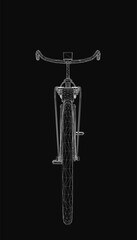 Poster - A sleek black and white wireframe bicycle with a retro design stands out against a dark background. The low-slung frame features curved handlebars and a slightly raised seat.