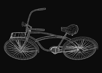Poster - A black and white wireframe bicycle stands against a dark background, featuring a retro design with clean lines and minimalist style. The illustration highlights the detailed frame, wheels, and.