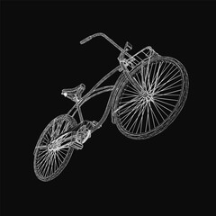 Poster - A retro bicycle rendered as a detailed 3D wireframe model, showcasing its intricate structure against a sleek black background. The transparent mesh design highlights the bike's realistic geometry.