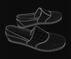 Aufkleber - A pair of 3D wireframe shoes rendered with realistic details on a sleek black background. The digital model showcases intricate mesh patterns and precise contours.