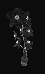 Poster - A wireframe vase filled with delicate flowers stands elegantly against a black background. The intricate design contrasts beautifully with the soft floral details.