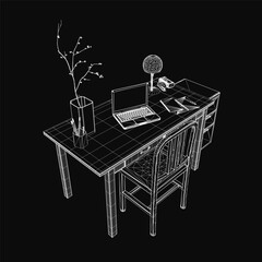 Poster - A sleek laptop rests on a dark wooden desk beside an empty chair, with a wireframe model displayed on its screen. A small vase with a green plant adds life to the mysterious workplace setting.