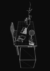 Poster - A black and white wireframe drawing of a workplace desk featuring a laptop, stacked books, and a flower vase. The composition includes a chair and other office essentials against a dark background.