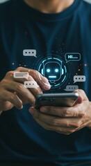 Poster - Business person interacting with chatbot on smartphone. Digital communication with robot face and speech bubbles. Modern AI conversation interface illustration.