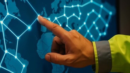 Poster - Oil logistics network. Hand touching digital map with glowing network points and lines showing connection technology interaction and communication