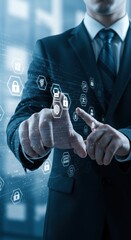 Poster - Futuristic cybersecurity and digital communication abstract illustration. Network of technology icons with gears, locks, and nodes. Modern professional interacting with secure digital interface.