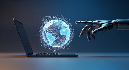 Poster - Laptop displaying digital globe with robotic hand reaching out in a dark blue background scene