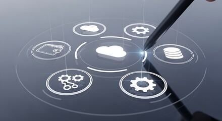 Poster - Stylus pointing at cloud computing interface with wallet, gears, and data icons on a dark surface