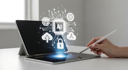 Poster - Close up of tablet displaying ai chip with cloud icons and hand holding stylus on a white surface