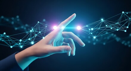 Poster - a hand interacting with a glowing network of connected dots on a dark blue background with bright li