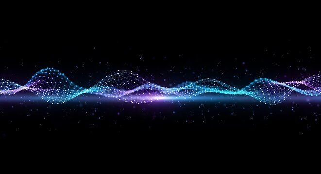Abstract wave pattern with connected dots and lines in blue and purple on a black background
