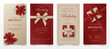 © Mukda - Elegant 3D luxury birthday invitation banner set template with red and gold gift boxes, bugundy satin ribbon, beige bow, and classy typography for modern luxury party invite and greeting card. vector