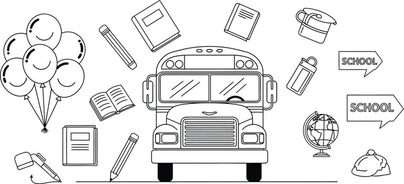 Vector art of school bus and supplies 