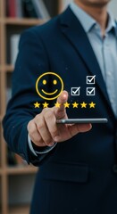 Poster - Digital interaction with touchscreen device. Person in blue suit selecting options. Positive feedback with smiley face and stars.