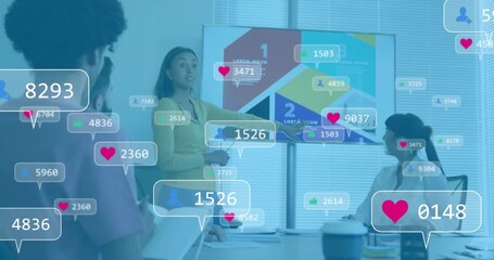 Poster - Female presenter gesturing at screen, generating social media metric icons during business meeting