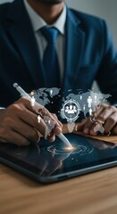 Poster - Business professional using stylus on digital world map. Global strategy and targeting concept with human icons.