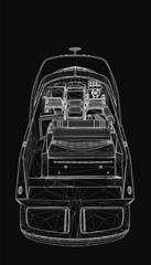 Poster - A sleek speedboat wireframe illustration in black and white, highlighting aerodynamic curves, hull design, and intricate details. The minimalist blueprint emphasizes the boat's structure