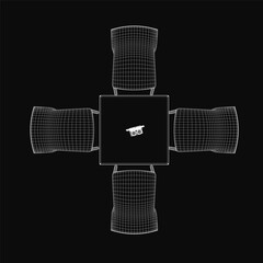 Poster - A 3D wireframe model of a rectangular dining table with four curved-back chairs featuring armrests, arranged symmetrically around it. The table has four sturdy legs and a clean geometric design
