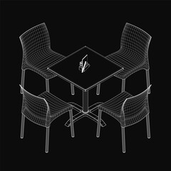Fototapete - A 3D wireframe model of a rectangular table with four curved-back chairs arranged symmetrically. The chairs feature armrests and the table has four sturdy legs.