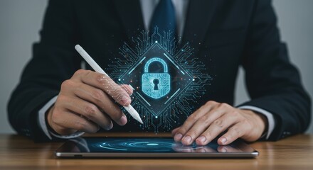Poster - Business professional interacting with digital security lock. AI and cybersecurity concept with circuit patterns.