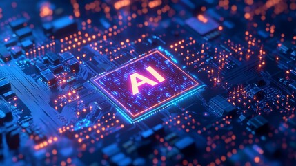 advanced artificial intelligence processor glowing in vibrant colors on a high-tech motherboard, sym