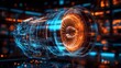 © mevideo - Futuristic close-up of a detailed jet engine turbine rendered in glowing blue and orange light, illustrating modern engineering, aeronautics technology, mechanics, advanced digital industrial design.