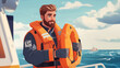 © Naruephu - Cartoon marine crew member checking life jacket and safety equipment