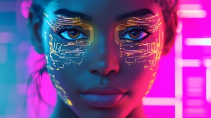 Poster - Cybernetic beauty model showcases digital enhancement with futuristic implants for advanced human machine interface artificial intelligence biometric innovation portrait design technology concept.