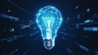 © mevideo - Blue glowing holographic lightbulb made of digital nodes and wireframe mesh floating in cyberspace, representing technological innovation, data-driven ideas, energy efficiency, futuristic solutions