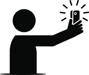 Poster - A black silhouette of a person taking a selfie with a smartphone on a white and gray background