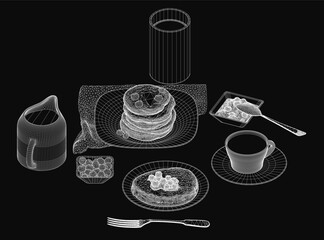 Poster - A 3D wireframe model of a breakfast table setting features pancakes, coffee, and utensils on a dark mysterious background. The detailed render includes a jug, spoon, fork.