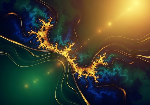 Abstract fractal artwork featuring intricate golden details and vibrant colors explosion
