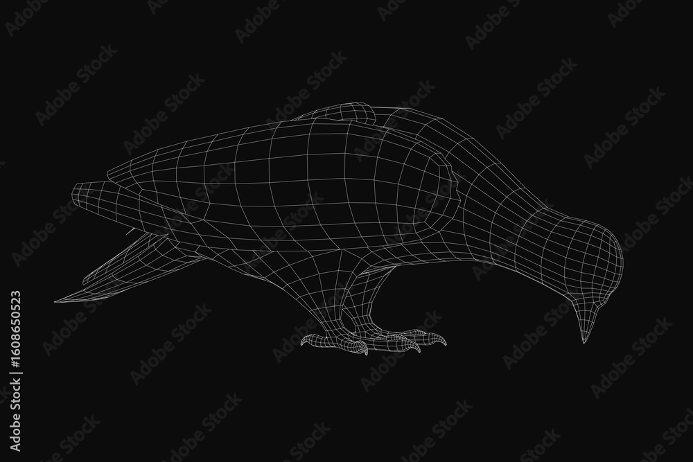 A majestic eagle in wireframe 3D model stands out against a black ...