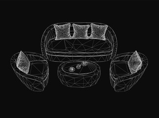 Fototapete - A low poly 3D model of a modern living room features a stylish couch, decorative pillows, and a sleek coffee table. The black background enhances the contemporary wireframe aesthetic.