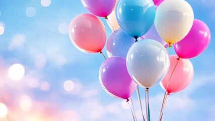 Wall Mural - Colorful Balloon Bouquet: A whimsical assortment of vibrant balloons floats gently against a soft, pastel-colored backdrop, evoking feelings of joy and celebration.
