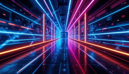 Poster - Futuristic corridor with neon lights, reflecting surfaces and technological details