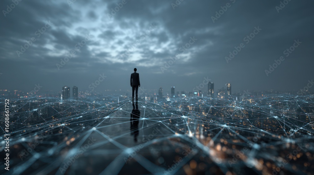 A lone figure in a suit gazes over a vast, futuristic city network ...