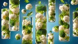 Cylindrical Transparent Tubes Containing Fresh Broccoli and Cauliflower in a Vibrant Background
