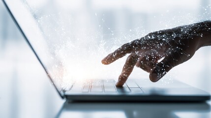 Hand hovers above laptop keyboard with a constellation of lights emanating from screen