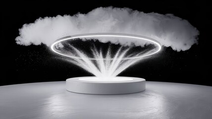 Poster - Abstract cloud with circular neon light emanating digital particles flow