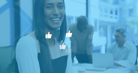 Poster - Woman at business meeting watching floating thumbs-up icons fading in and reacting by smiling