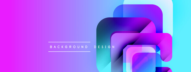 Poster - Abstract vibrant background. Overlapping squares create dynamic visual effect. Gradient colors transition smoothly, purple to blue hues dominate.