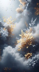Poster - Ethereal Autumnal Dreamscape: Golden Leaves Amidst Swirling Clouds and Serene Beauty