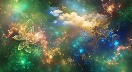 Poster - Ethereal dreamscape with luminous flowers and soft celestial clouds artwork