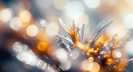 Poster - Ethereal golden flower with water droplets against a dreamy bokeh background effect